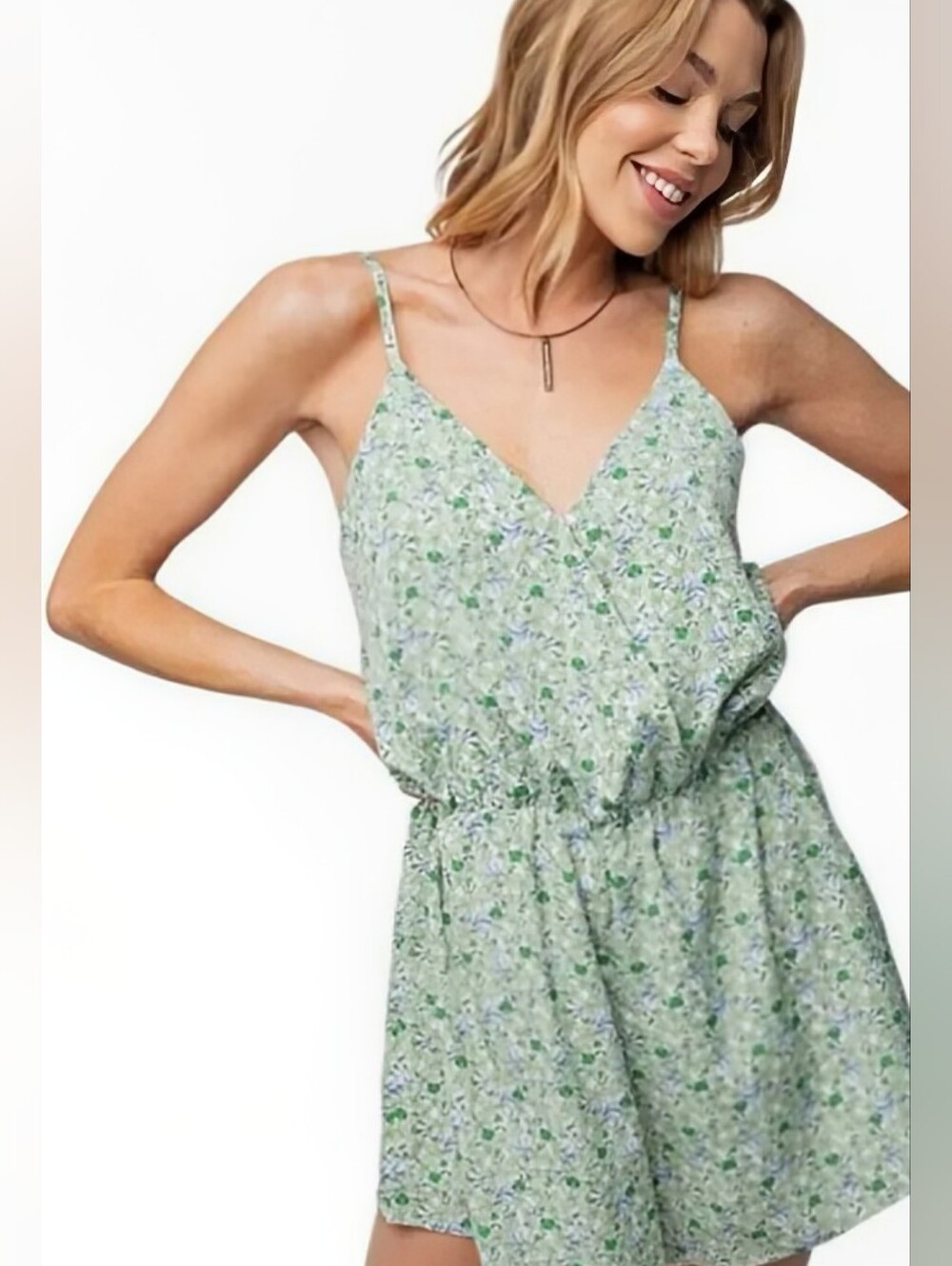 Easel Floral Green Sleeveless Romper Sz L